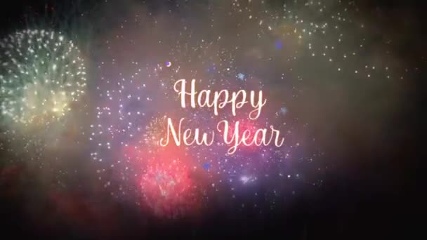Animovaný Text Šťastný Nový Rok Realistickým Barevným Ohňostrojem Pozadí Pro — Stock video