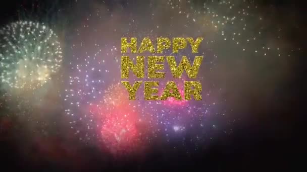 Κείμενο Κινουμένων Σχεδίων Ευτυχισμένο Νέο Έτος Ρεαλιστικό Πολύχρωμο Φόντο Πυροτέχνημα — Αρχείο Βίντεο