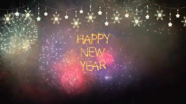 Animación Texto Dorado Feliz Año Nuevo Con Fondo Fuegos Artificiales — Vídeo de stock