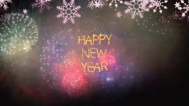 Animation Goldener Text Happy New Year Mit Realistischen Bunten Feuerwerk — Stockvideo