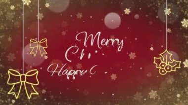 Animasyon metni Noel 'le evlenir Mutlu Yıllar Altın kar taneleri parıltısı ve kırmızı arka planla.