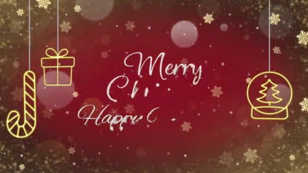 アニメーションテキストは 黄金の雪の輝きと赤の背景とクリスマスハッピー新年結婚 — ストック動画