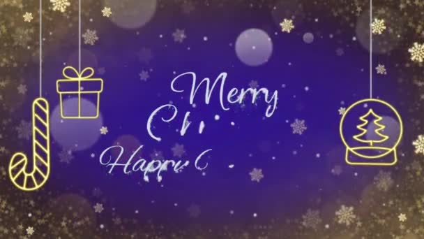 动漫文字结合圣诞快乐新年 雪片闪烁着 背景是蓝色的 — 图库视频影像