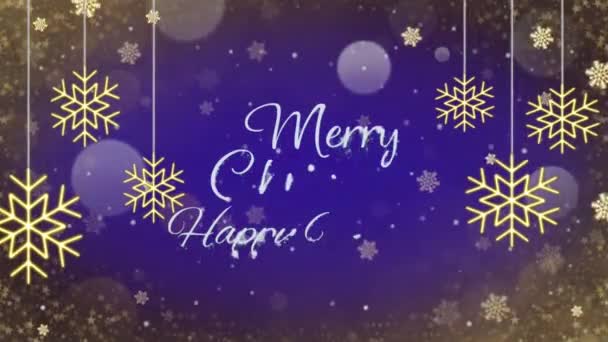 动漫文字结合圣诞快乐新年 雪片闪烁着 背景是蓝色的 — 图库视频影像