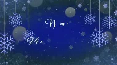 Animasyon metni Noel 'le evlenir Mutlu Yıllar kar taneleri ışıltısı ve mavi arkaplanlı.