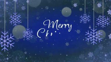 Animasyon metni Noel 'le evlenir Mutlu Yıllar kar taneleri ışıltısı ve mavi arkaplanlı.