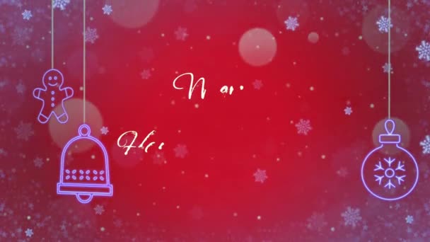 Animation Text Marry Christmas Happy New Year Snowflakes Sparkle Red — Stock Video