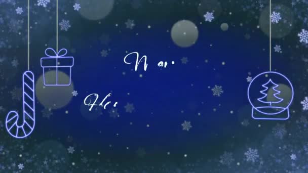 Animasyon Metni Noel Evlenir Mutlu Yıllar Kar Taneleri Işıltısı Mavi — Stok video
