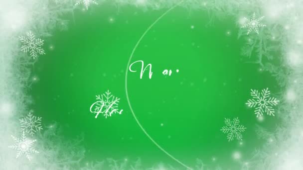 动漫文字结合圣诞喜庆新年与白色雪花闪耀和绿色背景 — 图库视频影像