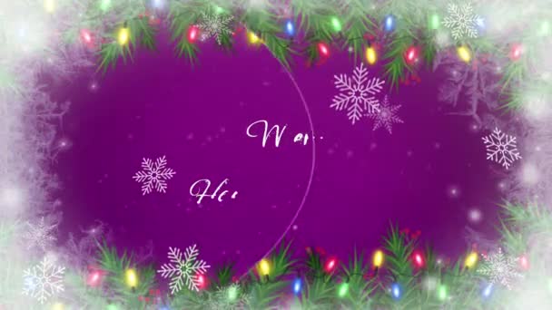 アニメーションテキストは白い雪の結晶の輝きと紫の背景とクリスマスハッピー新年結婚 — ストック動画