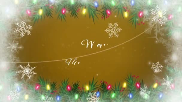 Animáció Szöveg Feleségül Karácsony Hápia Fehér Hópelyhek Szikrázó Sárga Háttér — Stock videók