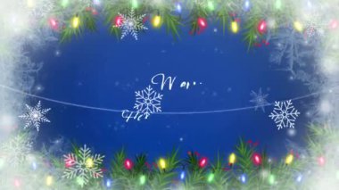 Animasyon metni Noel 'le evlenir Mutlu Yıllar Beyaz kar taneleri ışıldar ve mavi arka planlı.