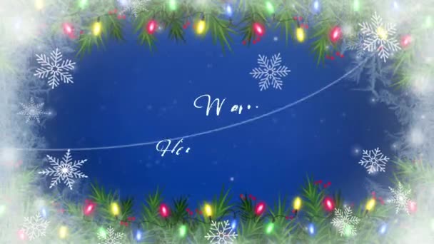 动画片与圣诞喜庆的新年结婚 雪片闪烁着 背景是蓝色的 — 图库视频影像