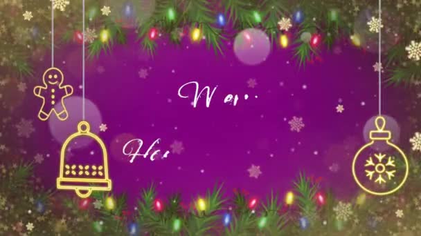动画文本结合了圣诞喜庆新年与金色雪花闪耀和紫色背景 — 图库视频影像