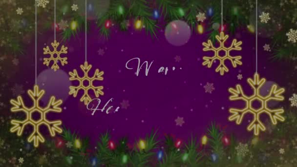 アニメーションテキストは 黄金の雪の輝きと紫の背景とクリスマスハッピー新年結婚 — ストック動画