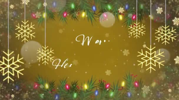 アニメーションテキストは 黄金の雪の輝きと黄色の背景とクリスマスハッピー新年結婚 — ストック動画
