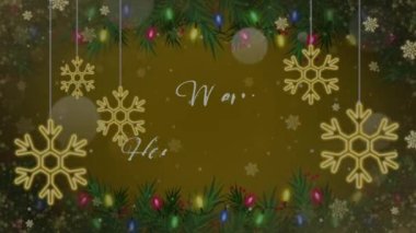Animasyon metni Noel 'le evlenir Mutlu Yeni Yıl Altın kar taneleri parıldar ve sarı arka planla.