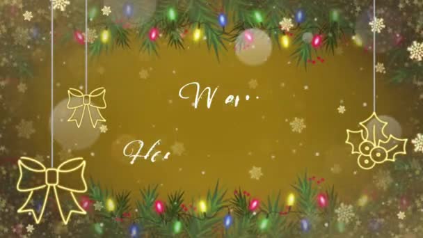 アニメーションテキストは 黄金の雪の輝きと黄色の背景とクリスマスハッピー新年結婚 — ストック動画