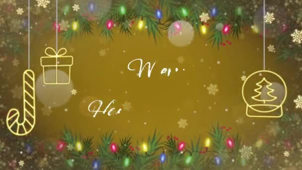 Animation Text Marry Christmas Happy New Year Golden Snowflakes Sparkle — Stock Video