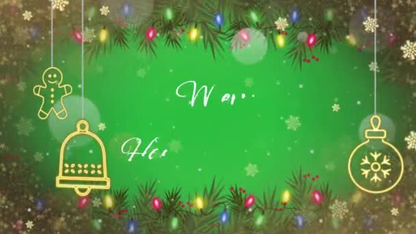 动漫文字结合了圣诞喜庆新年与金色雪花闪耀和绿色背景 — 图库视频影像