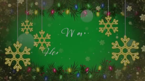 动漫文字结合了圣诞喜庆新年与金色雪花闪耀和绿色背景 — 图库视频影像