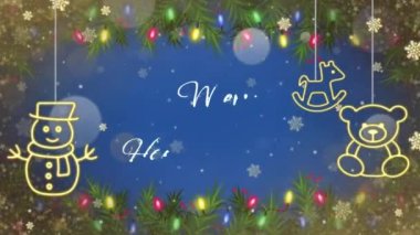 Animasyon metni Noel 'le evlenir Mutlu Yıllar Altın kar taneleri parıltısı ve mavi arka planla.