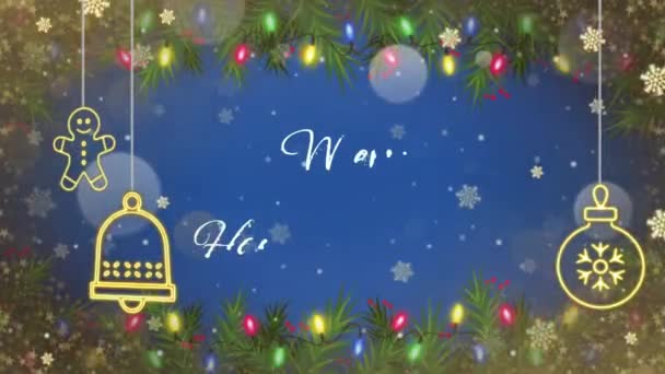 动漫文字与闪烁着金色雪花和蓝色背景的圣诞喜庆新年结婚 — 图库视频影像
