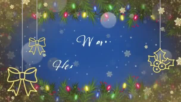 动漫文字与闪烁着金色雪花和蓝色背景的圣诞喜庆新年结婚 — 图库视频影像