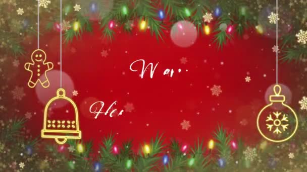 动漫文字结合了圣诞快乐新年 金色雪花闪耀 红色背景 — 图库视频影像