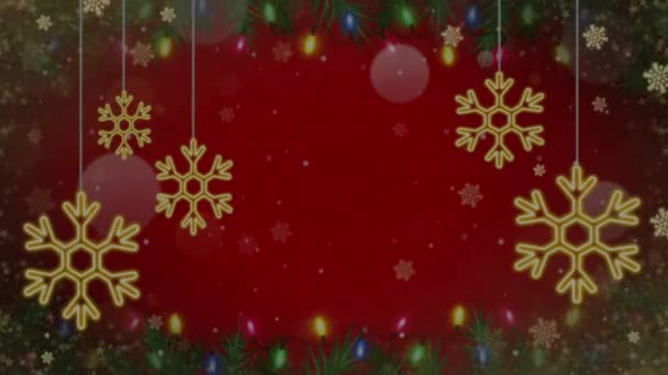 Animacja Złote Płatki Śniegu Blask Czerwone Tło — Wideo stockowe
