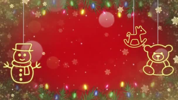Animación Copos Nieve Dorados Brillo Fondo Rojo — Vídeos de Stock