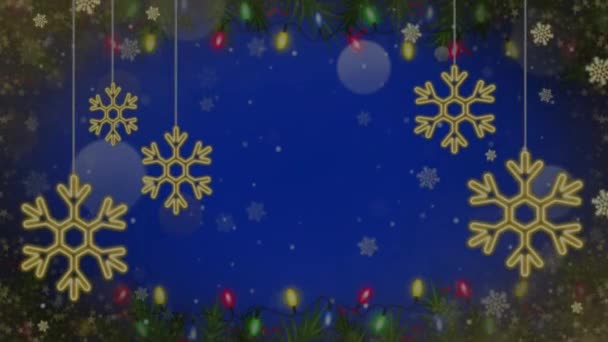 Animación Copos Nieve Dorados Brillo Fondo Azul — Vídeos de Stock