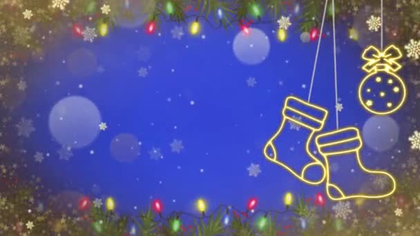 Animación Copos Nieve Dorados Brillo Fondo Azul — Vídeos de Stock