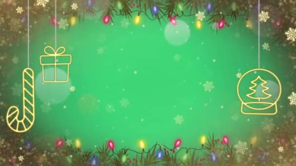 Animation Weiße Schneeflocken Funkeln Und Grüner Hintergrund — Stockvideo
