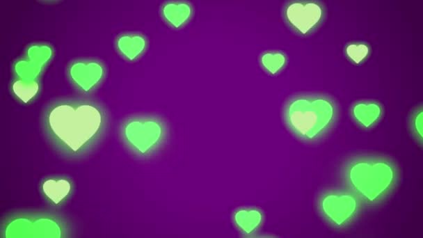 Анимация Зеленые Сердца Формы Плавающие Фиолетовом Фоне — стоковое видео