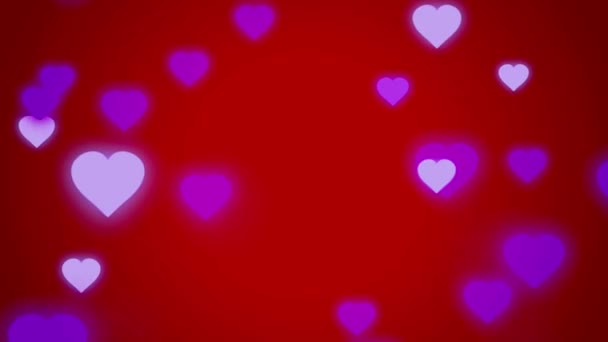 赤地に浮かぶ紫色のハート型のアニメーション — ストック動画