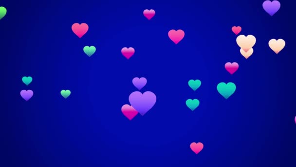 Κινούμενα Σχέδια Μωβ Καρδιές Σχήμα Επιπλέουν Μπλε Φόντο — Αρχείο Βίντεο