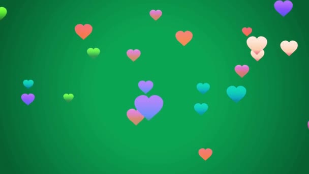 Animação Corações Roxos Forma Flutuando Fundo Verde — Vídeo de Stock
