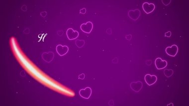 Animasyon beyaz metin Mutlu Sevgililer Günleri kırmızı kalp şeklinde mor arkaplanlı
