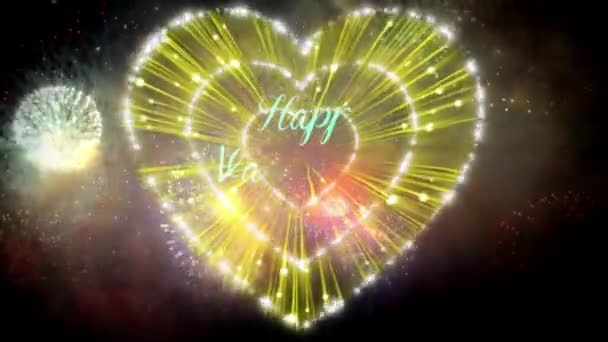 Animace Modrý Text Šťastný Valentýn Žlutým Ohňostrojem Tvar Srdce Barevné — Stock video