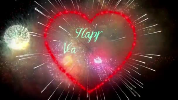 Animace Modrý Text Šťastný Valentýn Červeným Ohňostrojem Tvar Srdce Barevné — Stock video