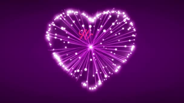 Animace Růžový Text Šťastný Valentýn Růžovým Ohňostrojem Srdce Tvar Fialovém — Stock video