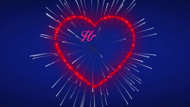 Animace Růžový Text Šťastný Valentýn Červeným Ohňostrojem Srdce Tvar Modrém — Stock video