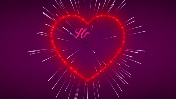 Animacja Różowy Tekst Szczęśliwe Walentynki Czerwonym Fajerwerkiem Kształt Serca Fioletowym — Wideo stockowe
