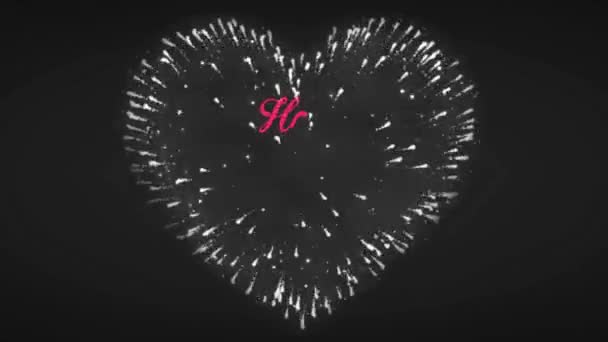 アニメーションピンクのテキスト黒を背景に白い花火のハートの形でハッピーバレンタインデー — ストック動画