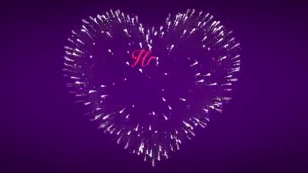 带紫色背景的白色烟火心形情人节快乐 — 图库视频影像