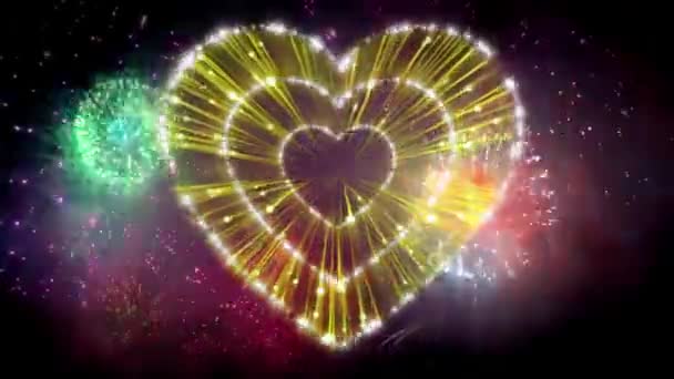 Реалістичний Жовтий Вогнетривка Серцева Форма Барвистий Феєрверк Тло Дизайну Картки — стокове відео
