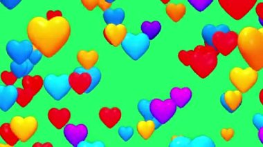 Animation colorful heart shape floating isolate on green screen.