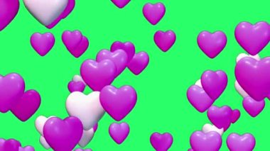 Animation purple heart shape floating isolate on green screen.
