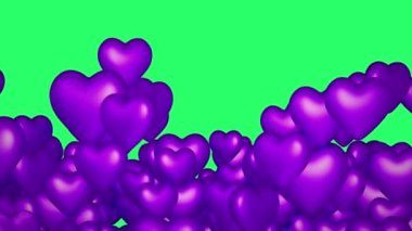 Animation purple heart shape floating isolate on green screen.